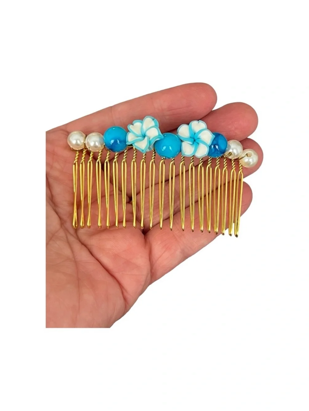Gold Hair Comb with Turquoise Blue Flower Beads FINAL PRICE DROP